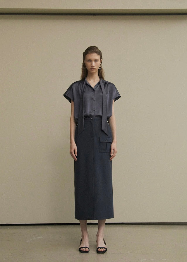 ELBORN | Daphne Long Slit Skirt (Ash Navy)