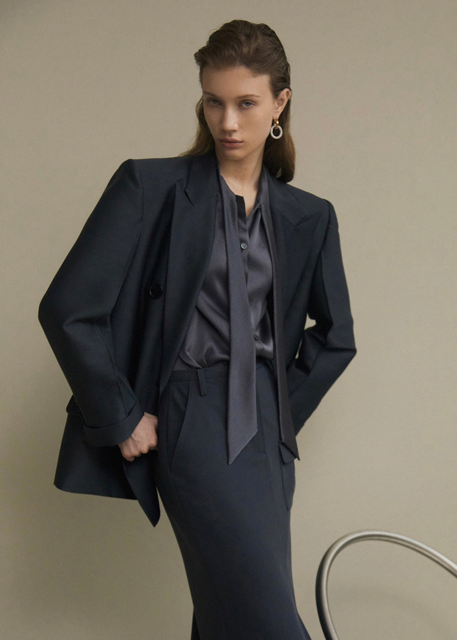 ELBORN | Daphne Long Slit Skirt (Ash Navy)