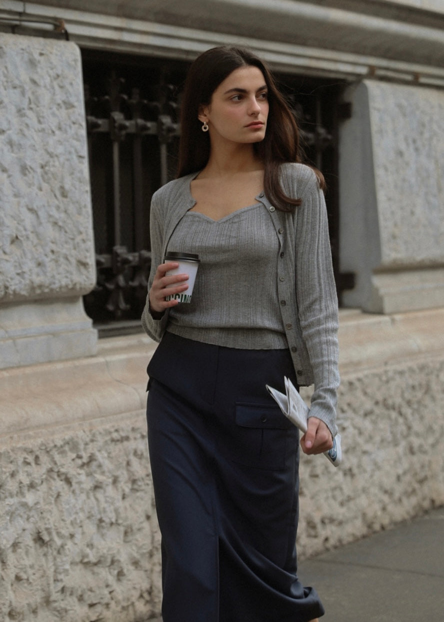 ELBORN | Daphne Long Slit Skirt (Ash Navy)