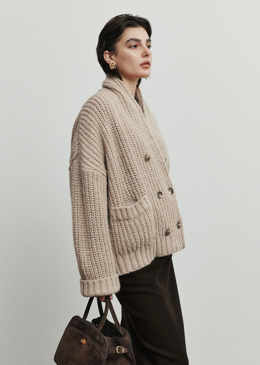 ELBORN | Double-breasted Shawl Collar Cardigan (Beige) Expected ship to 11/28/2025