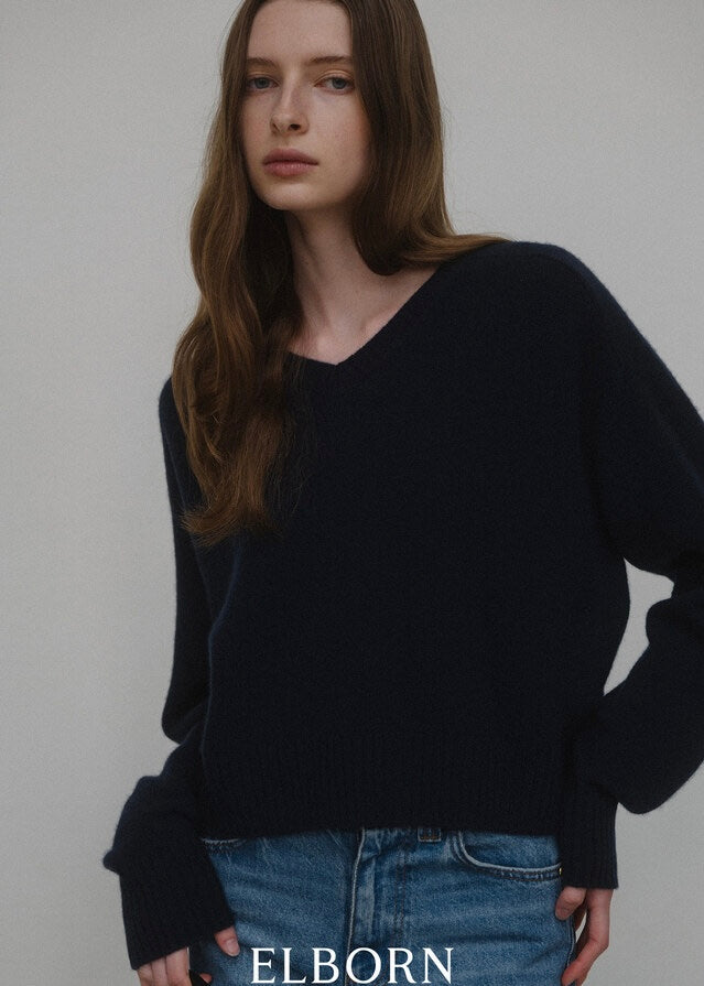 [2ND RE-ORDER] ELBORN | Melrose V-neck Cashmere Knit Top (Navy)