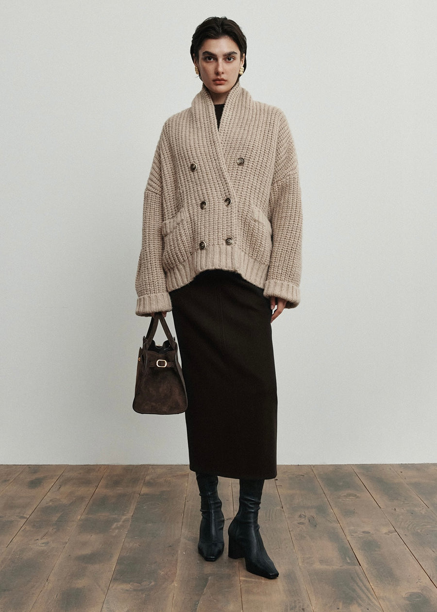 ELBORN | Double-breasted Shawl Collar Cardigan (Beige) Expected ship to 11/28/2025