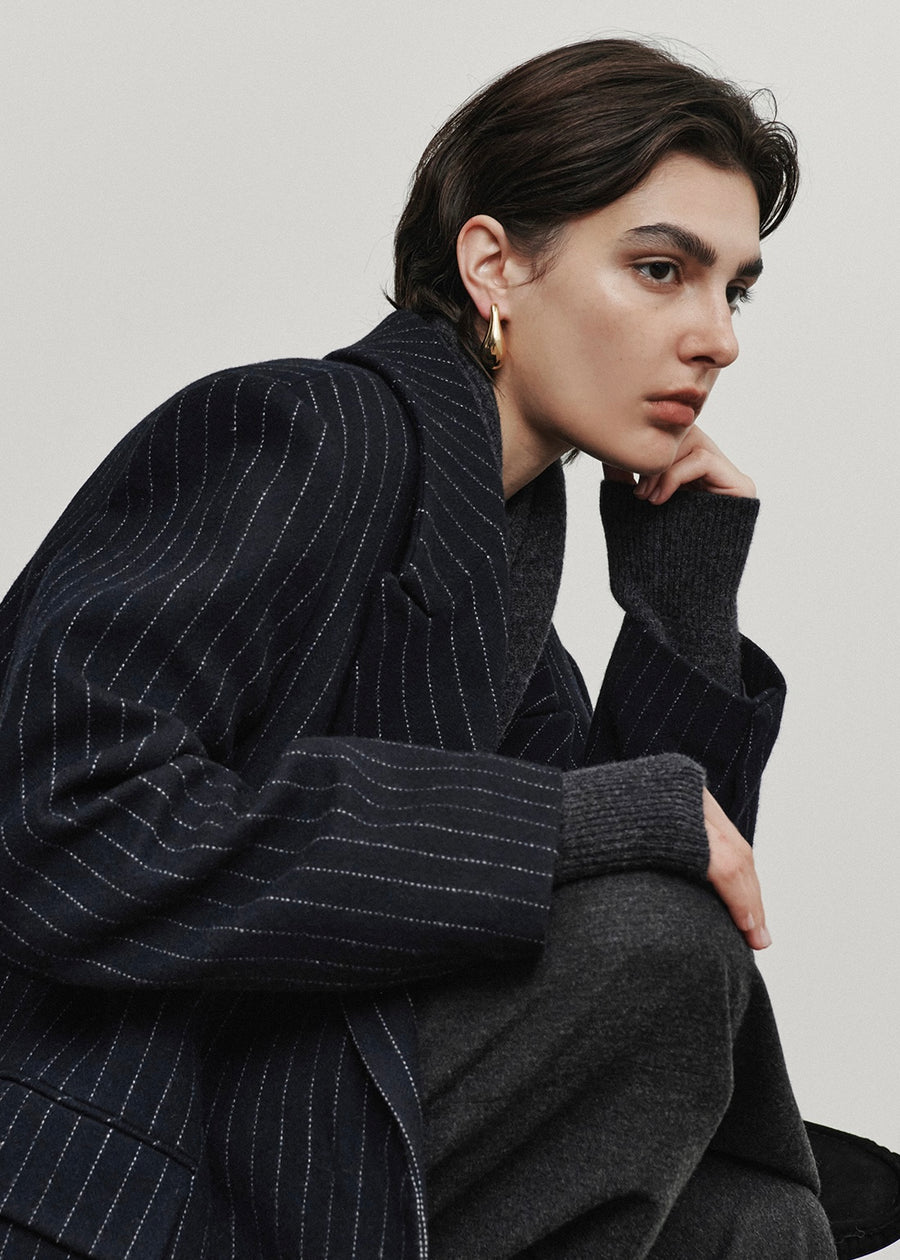 2ND-ELBORN | Adair Wool Classic Coat (Navy stripe) Expected ship to 12/12/2025