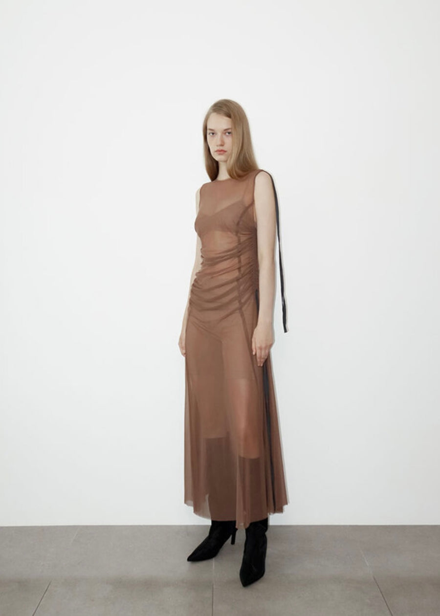 LEHA | Kenys Sheer Shirred Dress (Brown) Expected ship to 05/16/2025