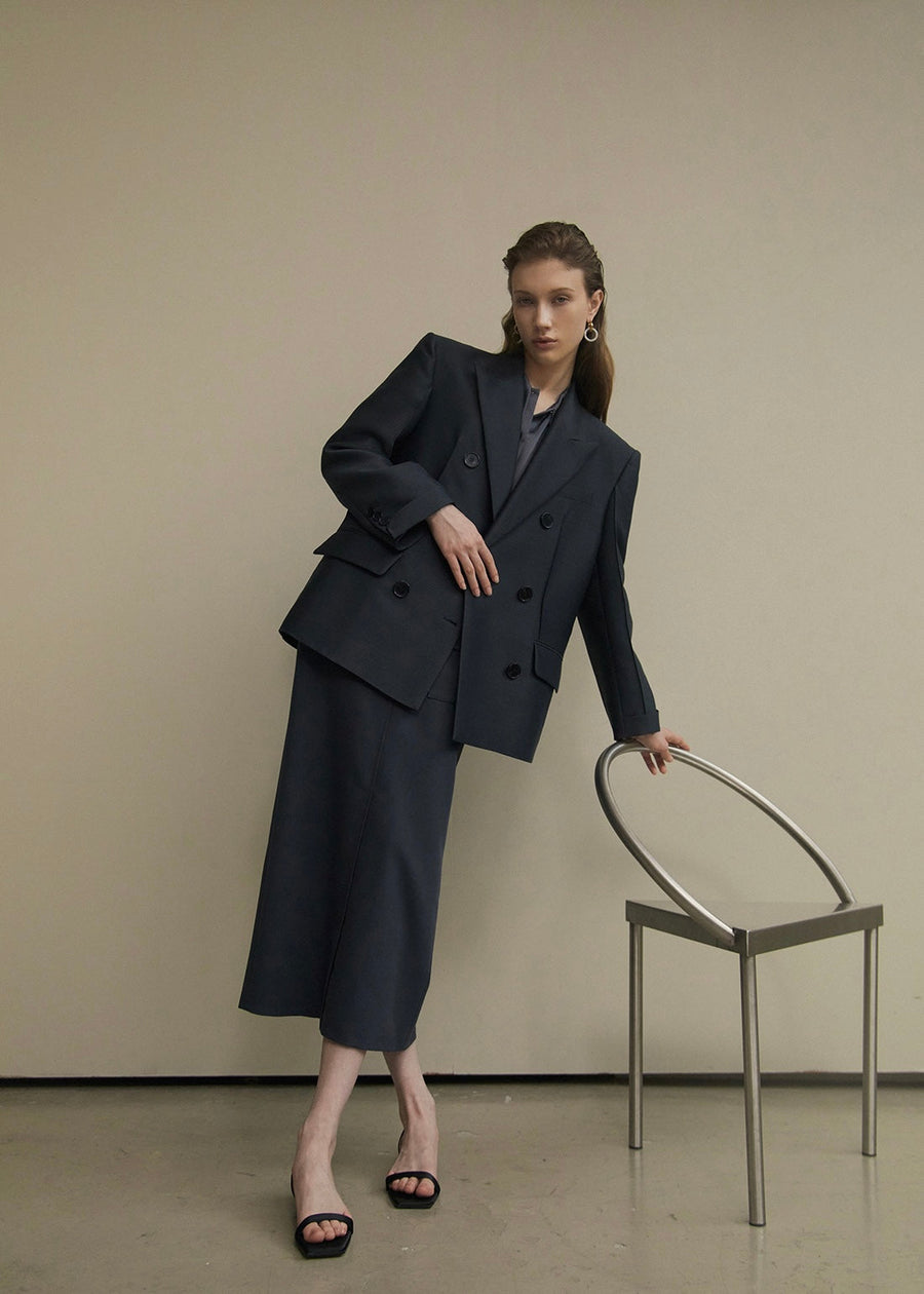 ELBORN | Daphne Long Slit Skirt (Ash Navy)