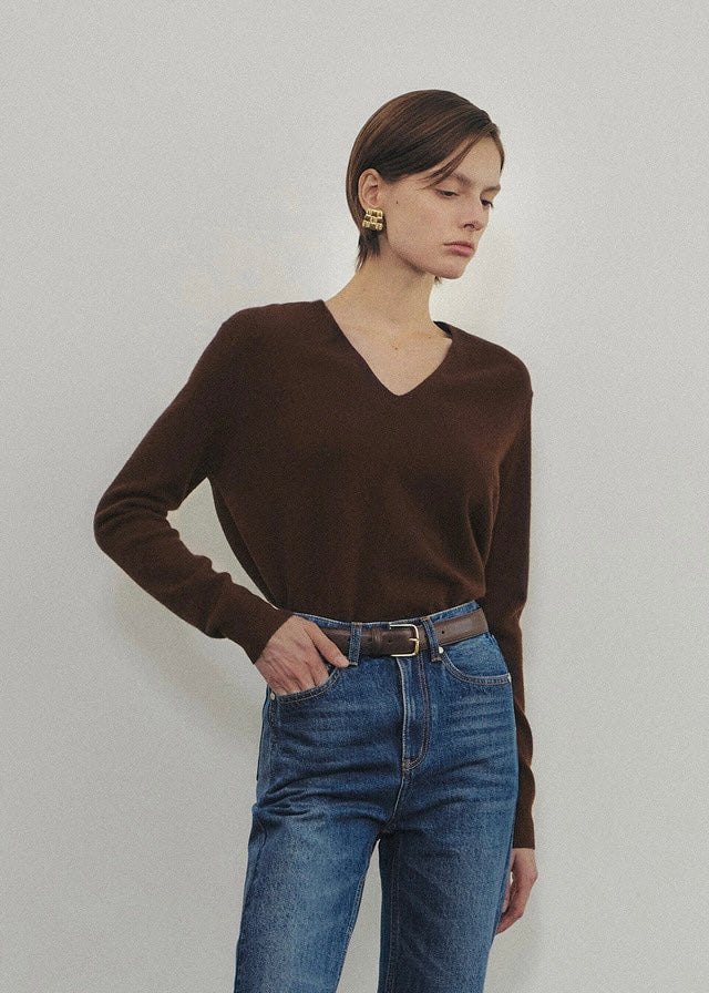 Elborn | Tiana V-neck Knit Top (Brown)
