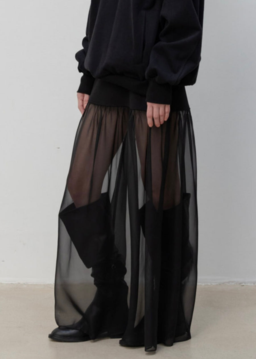 LEHA |  Casy Ribbed Cotton and Sheer Chiffon Skirt (Black) Expected ship to 12/12/2025