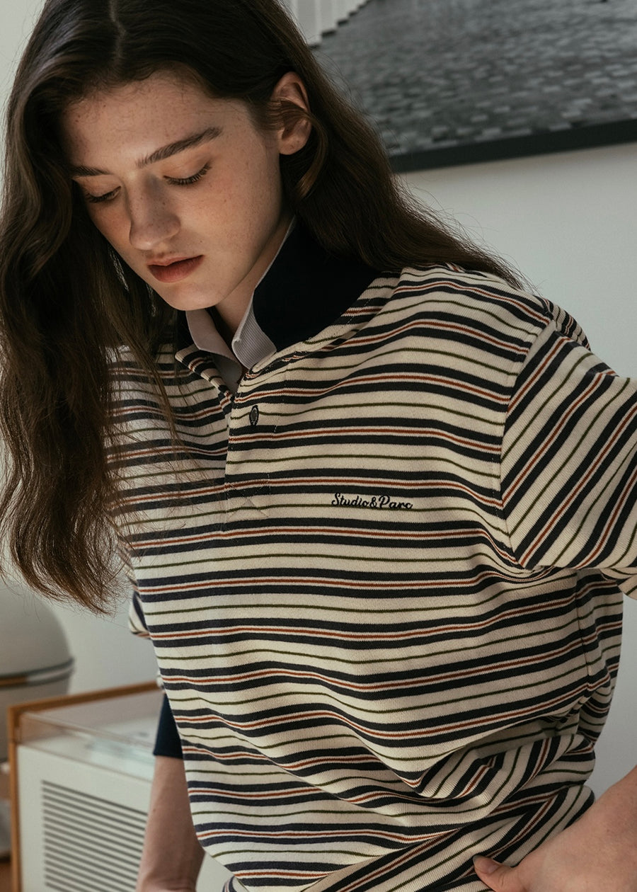 STUDIO & PARC | Multi Stripe Collar T Shirt (Navy)