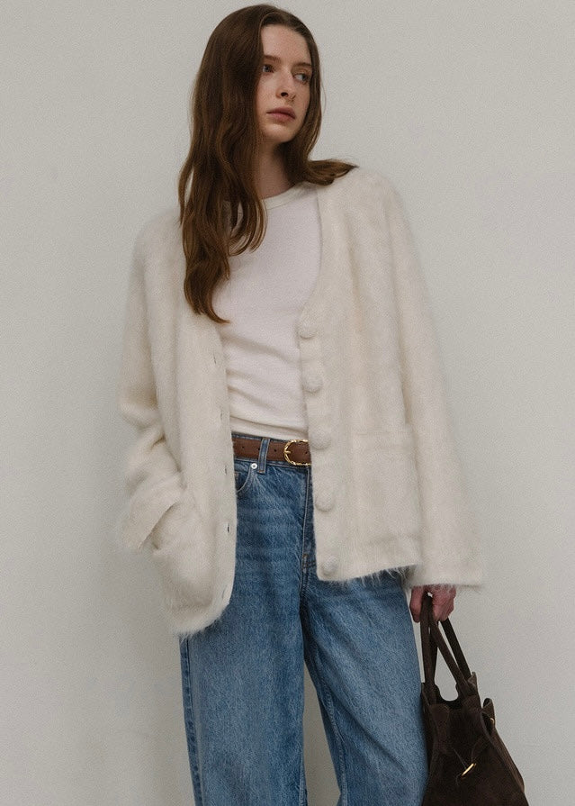 ELBORN | Jeanne V-neck Alpaca Knit Jacket (Ivory)