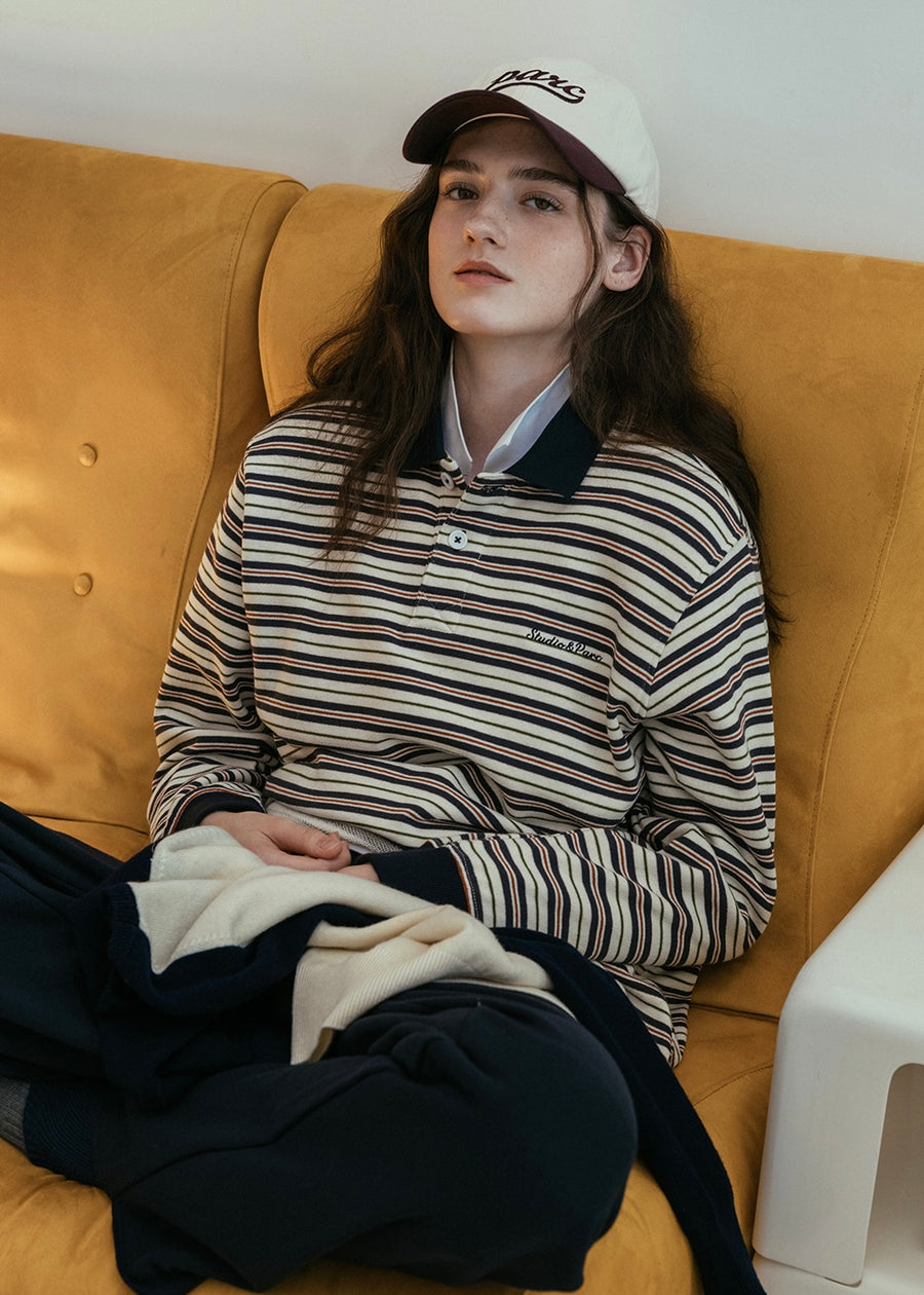 STUDIO & PARC | Multi Stripe Collar T Shirt (Navy)