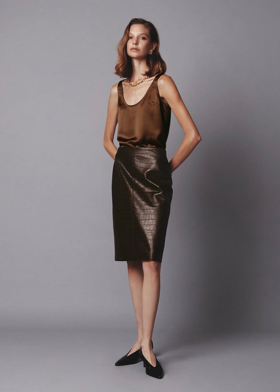 ELBORN | Loe Croc Midi Skirt (Brown) Expected ship to 10/31/2025