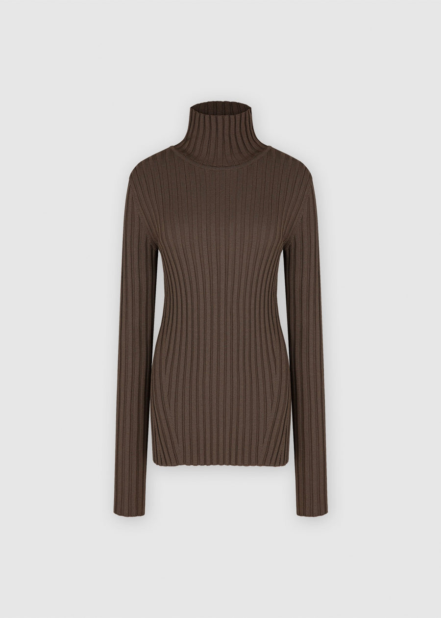 BUTTONED RIBBED TURTLENECK (KHAKI) | RECTO