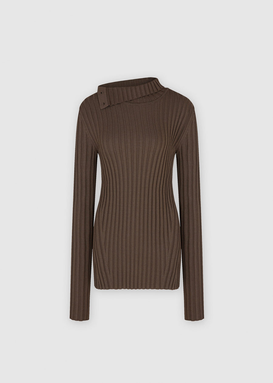 BUTTONED RIBBED TURTLENECK (KHAKI) | RECTO