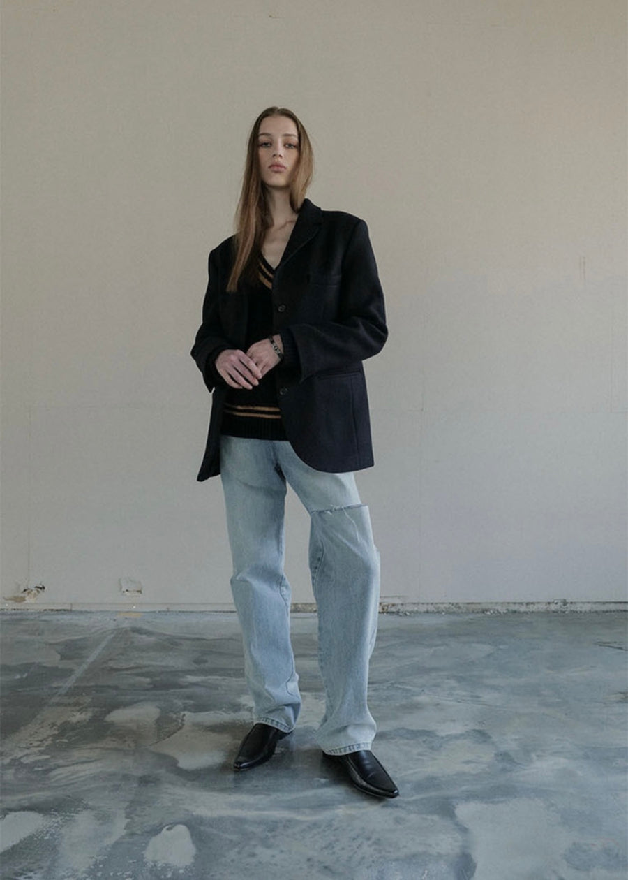 [LEHA] SINGLE BREASTED WOOL AND CASHMERE JACKET -DARK NAVY