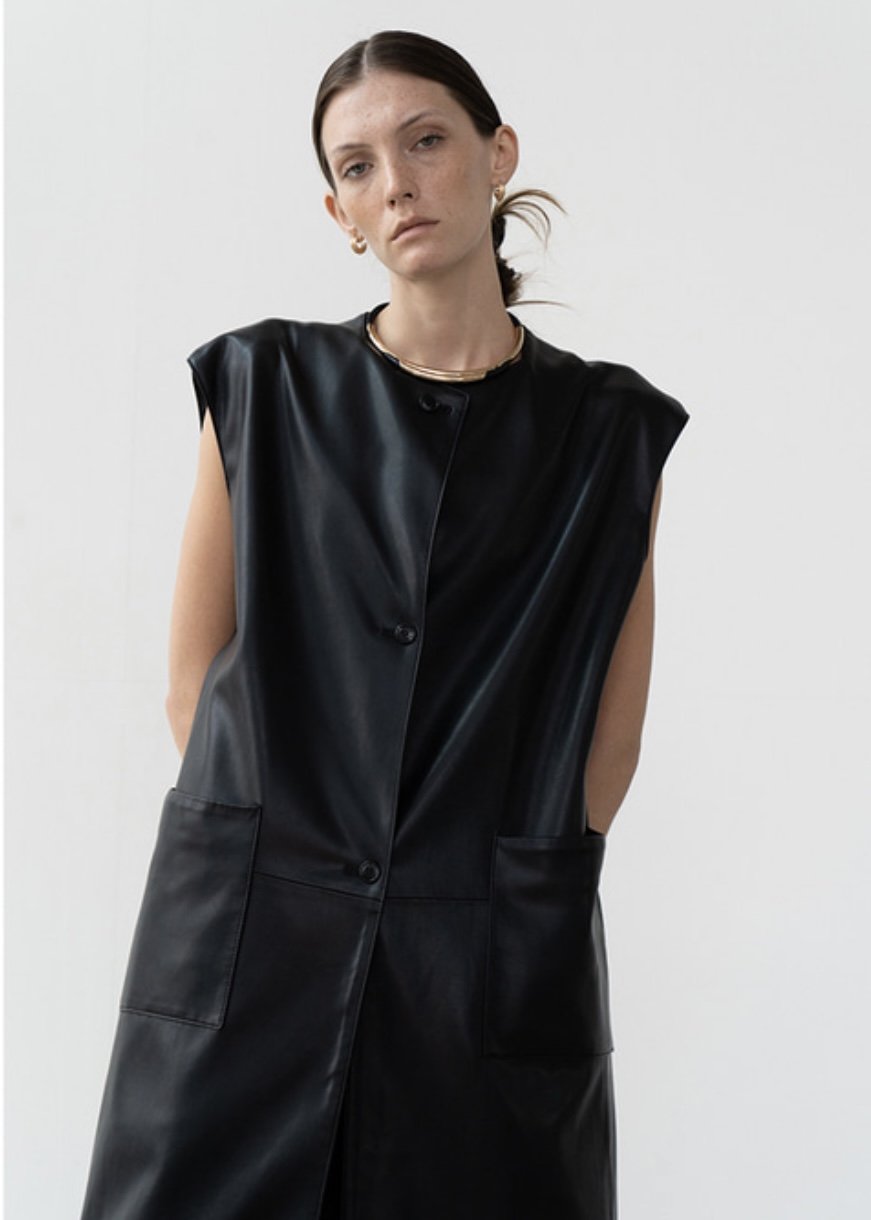 Tetra eco leather maxi vest coat (black)