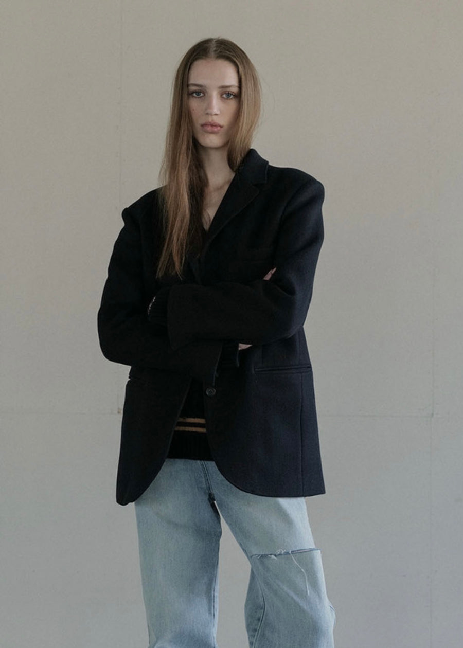 [LEHA] SINGLE BREASTED WOOL AND CASHMERE JACKET -DARK NAVY