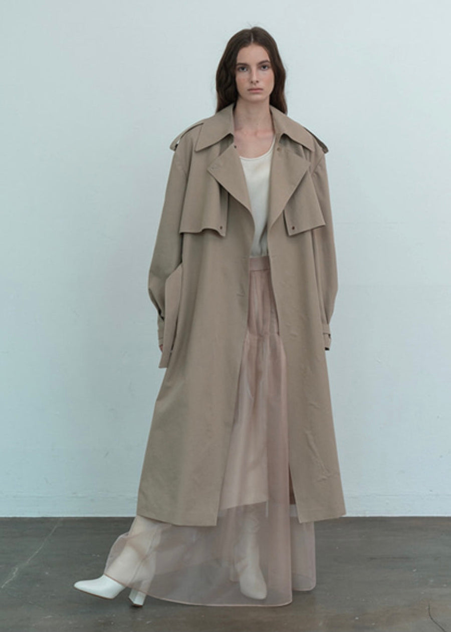 [LEHA] OVERSIZED COLLAR TRENCH COAT -DARK BEIGE