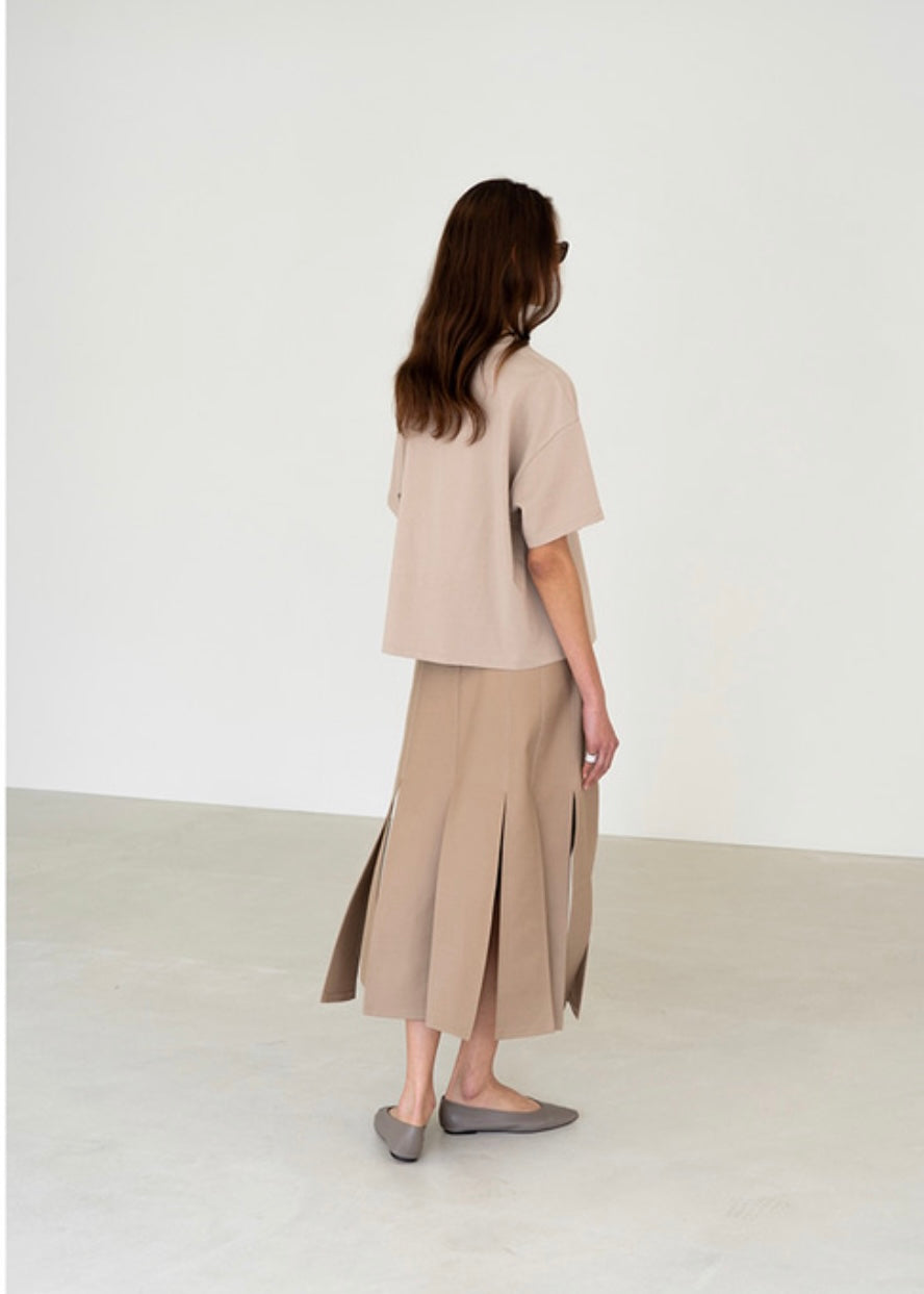 [Re-stock] Topstitched paneled midi skirt (Beige)
