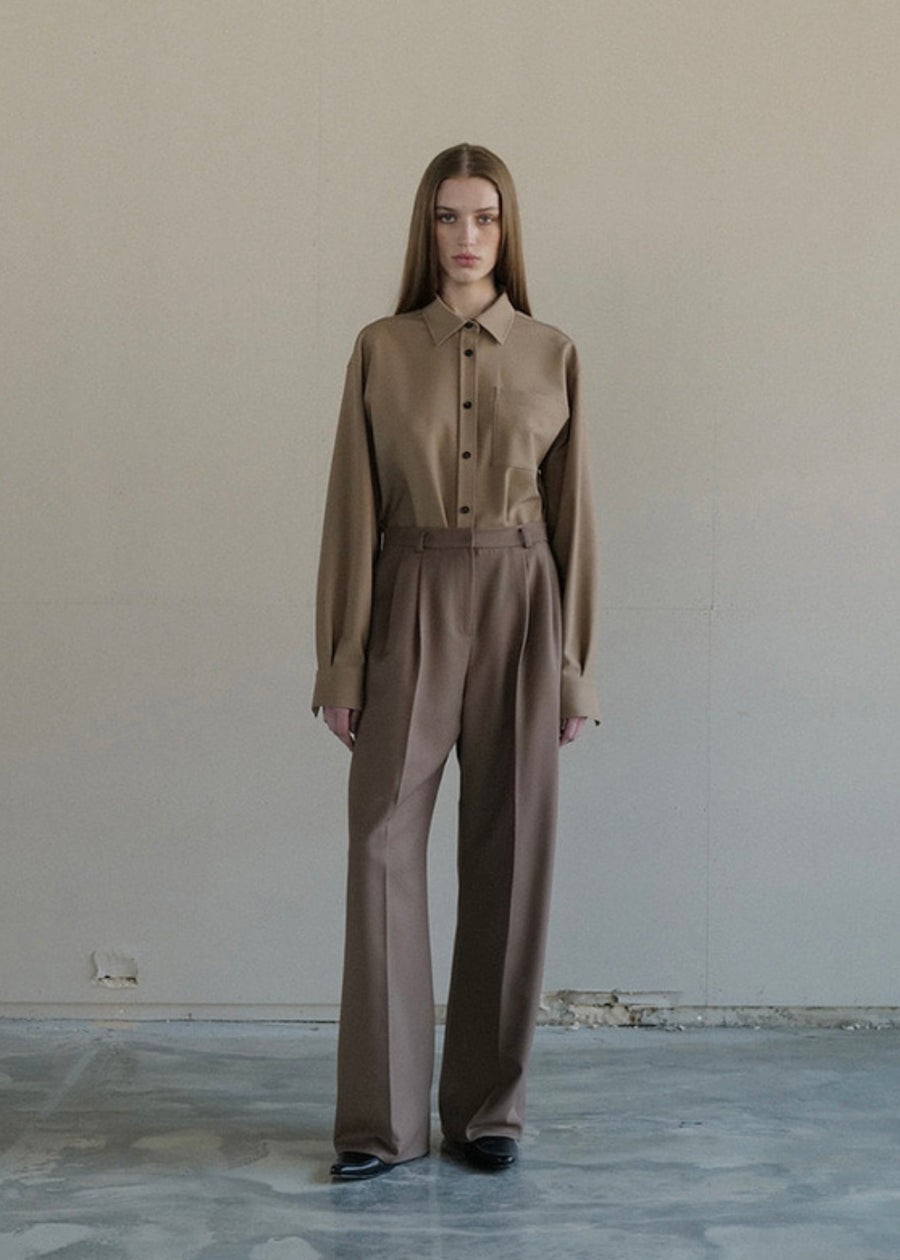 [LEHA] WOOL BLENDED PINTUCKED WIDE TROUSERS-BROWN