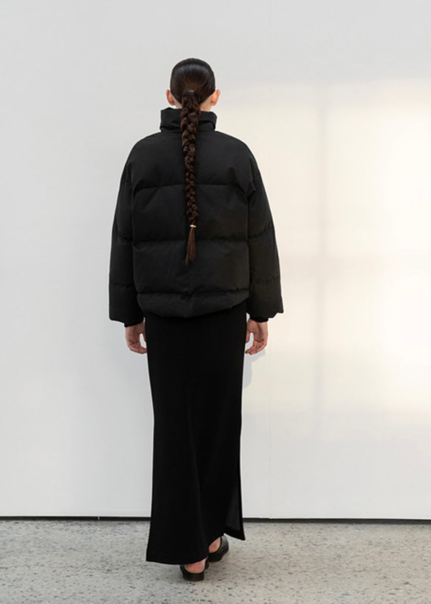 [LEHA] RIBBED VELOUR DOWN SHORT JACKET-BLACK