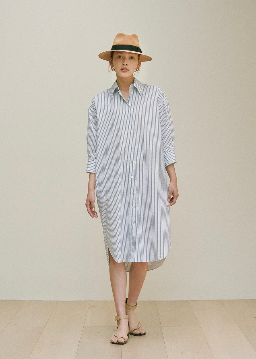 [1St Re-Order] Stripe Cotton-blend Shirt Dress