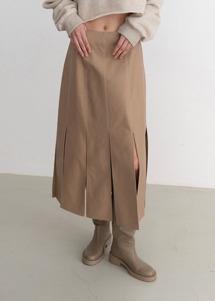 [Re-stock] Topstitched paneled midi skirt (Beige)