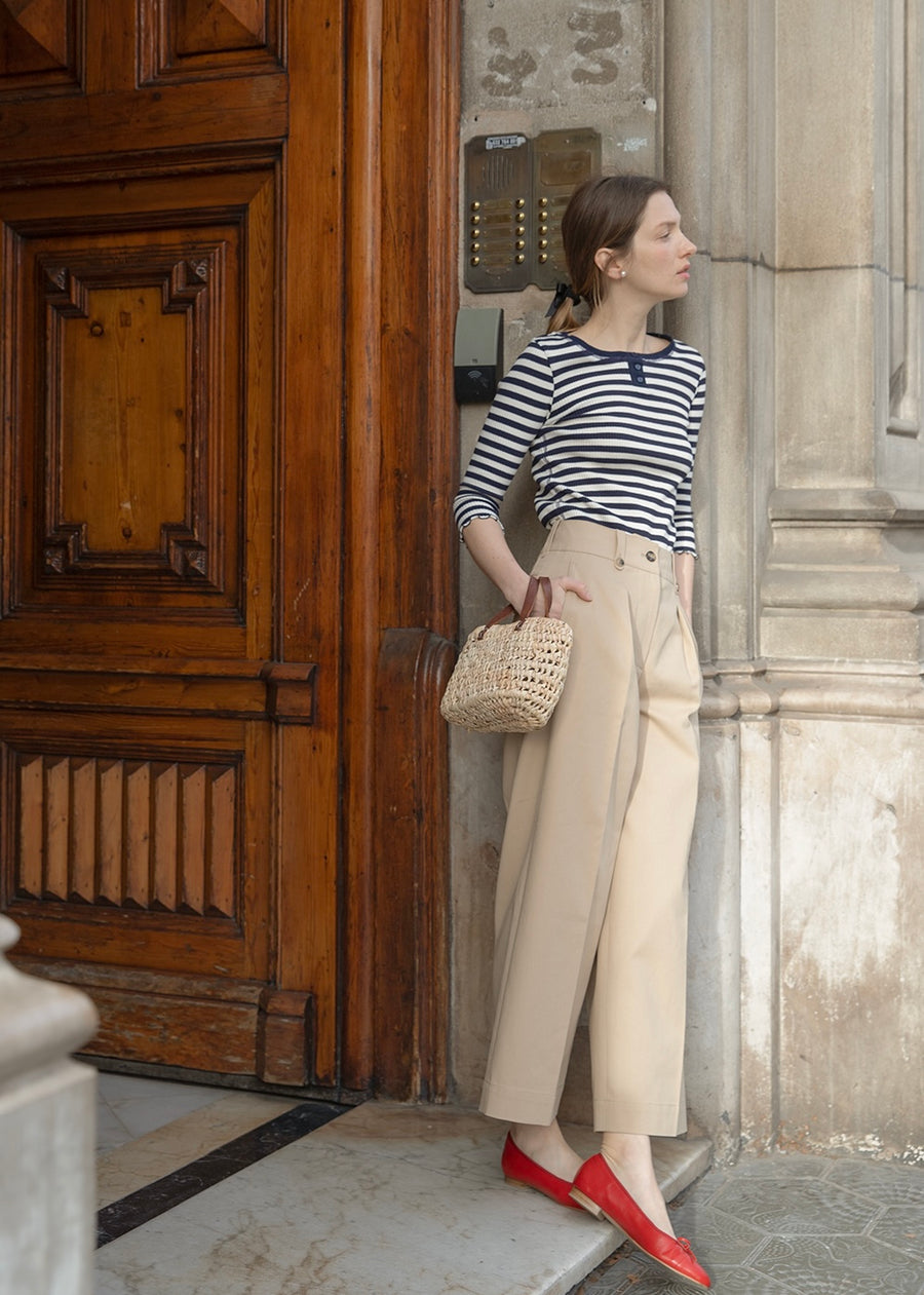 Button Ribbed Slim top  (Navy stripe)