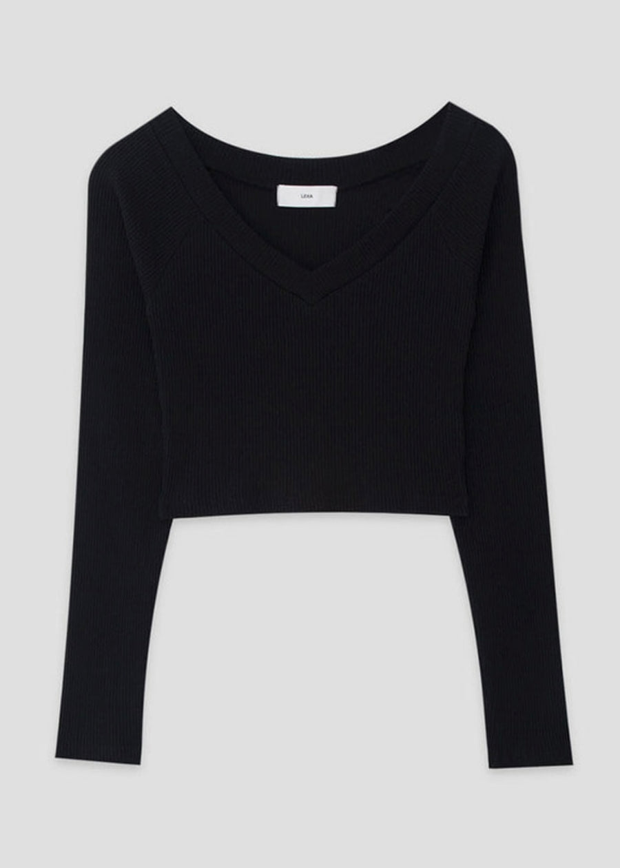 [LEHA] V NECK RIBBED STRETCH COTTON JERSEY TOP -2COLORS