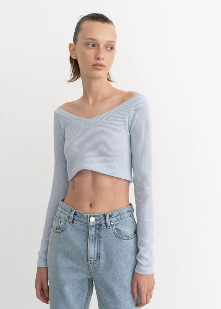 [LEHA] V NECK RIBBED STRETCH COTTON JERSEY TOP -2COLORS