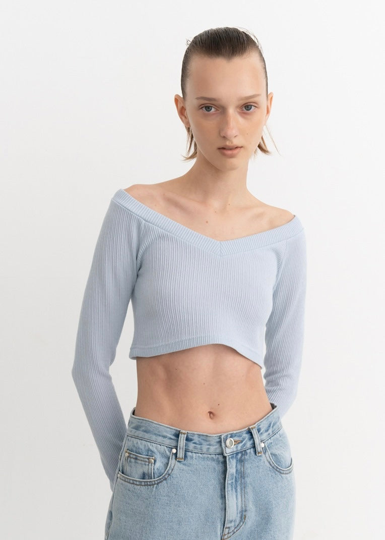 [LEHA] V NECK RIBBED STRETCH COTTON JERSEY TOP -2COLORS