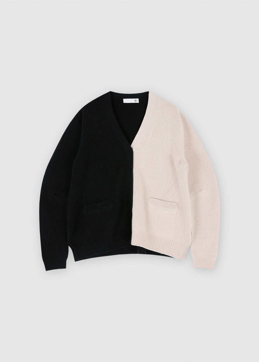 COLORBLOCK POCKET WOOL CARDIGAN (BLACK/PINK BEIGE) | RECTO