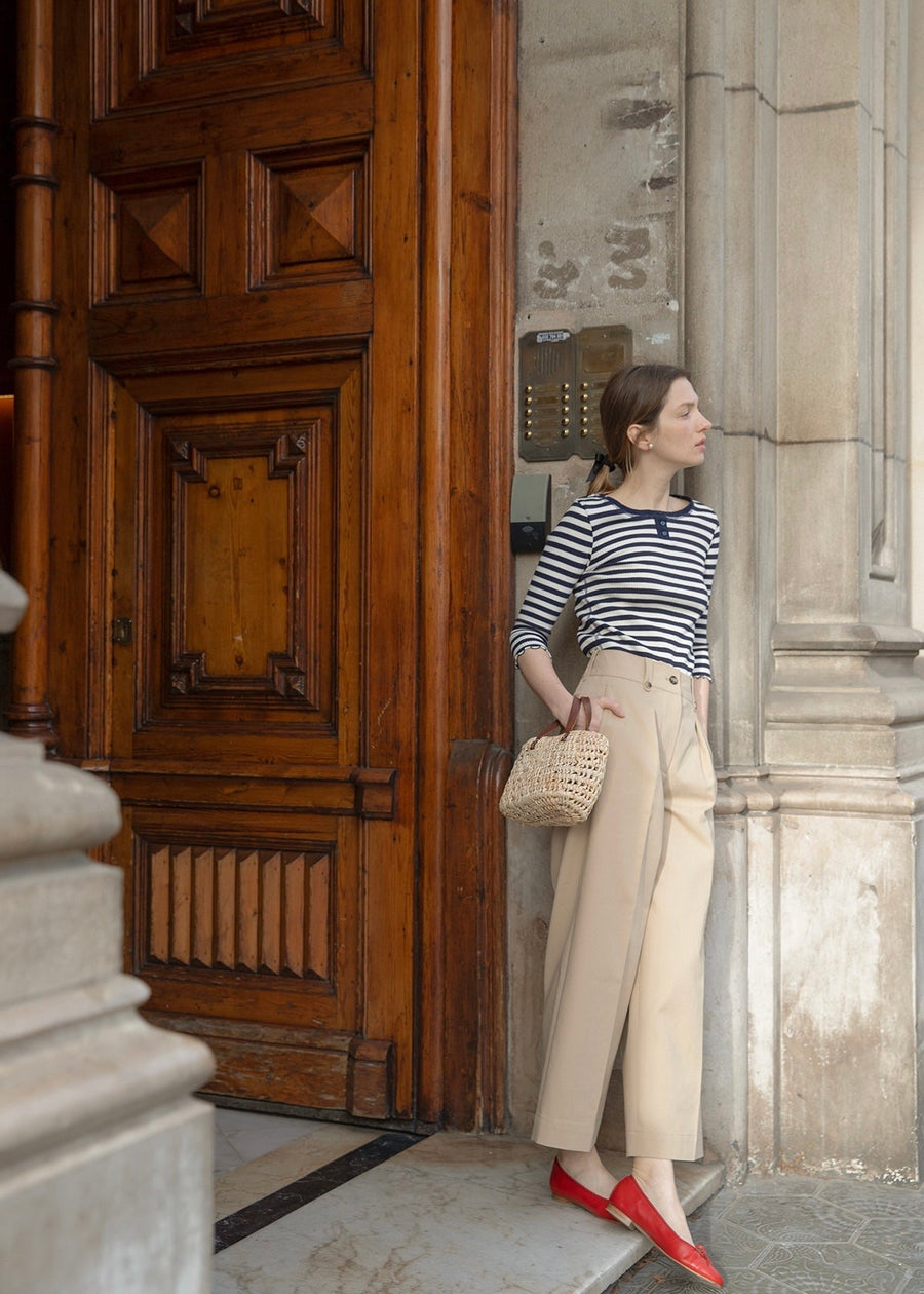 Cropped Cotton Wide Trousers (Beige)