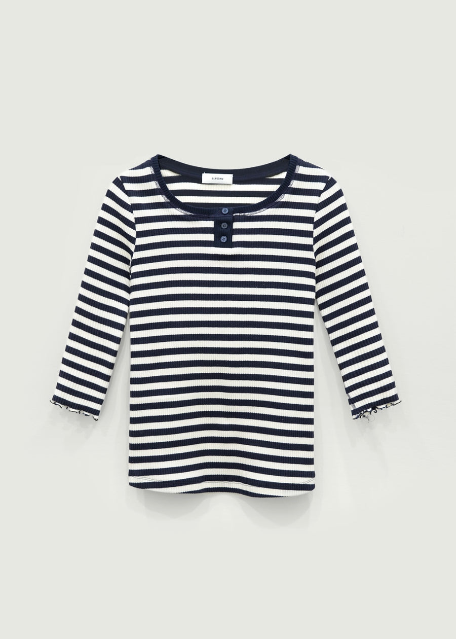 Button Ribbed Slim top  (Navy stripe)