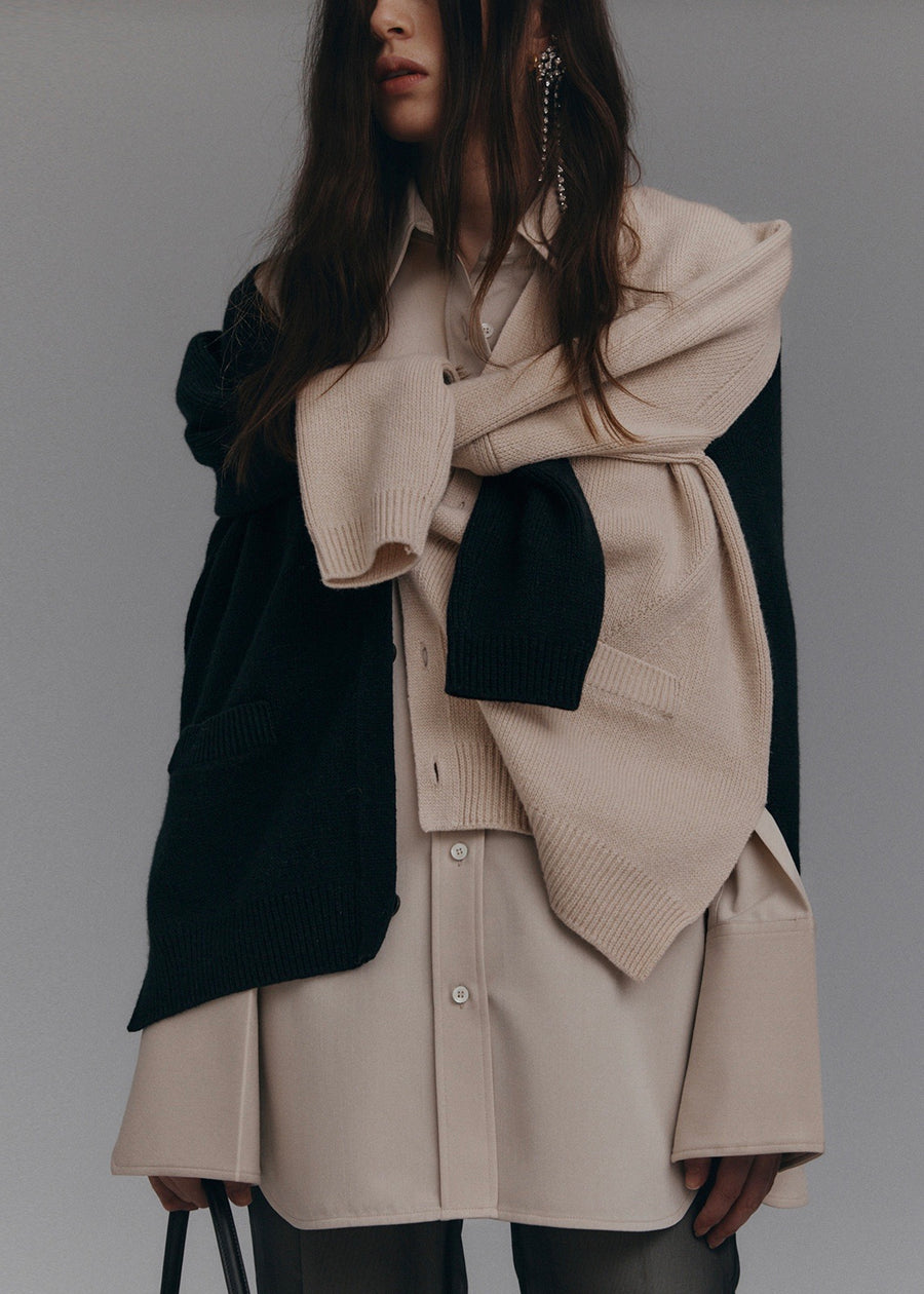COLORBLOCK POCKET WOOL CARDIGAN (BLACK/PINK BEIGE) | RECTO