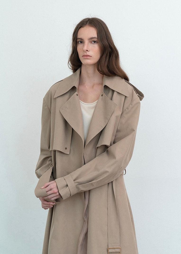 [LEHA] OVERSIZED COLLAR TRENCH COAT -DARK BEIGE