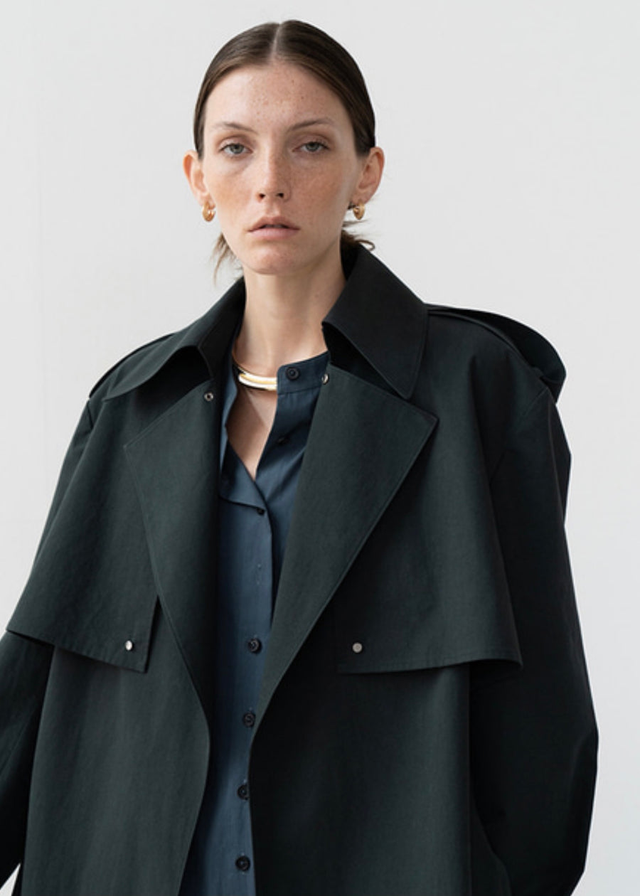 (Re-stock)Oversized collar trench coat (dark green)