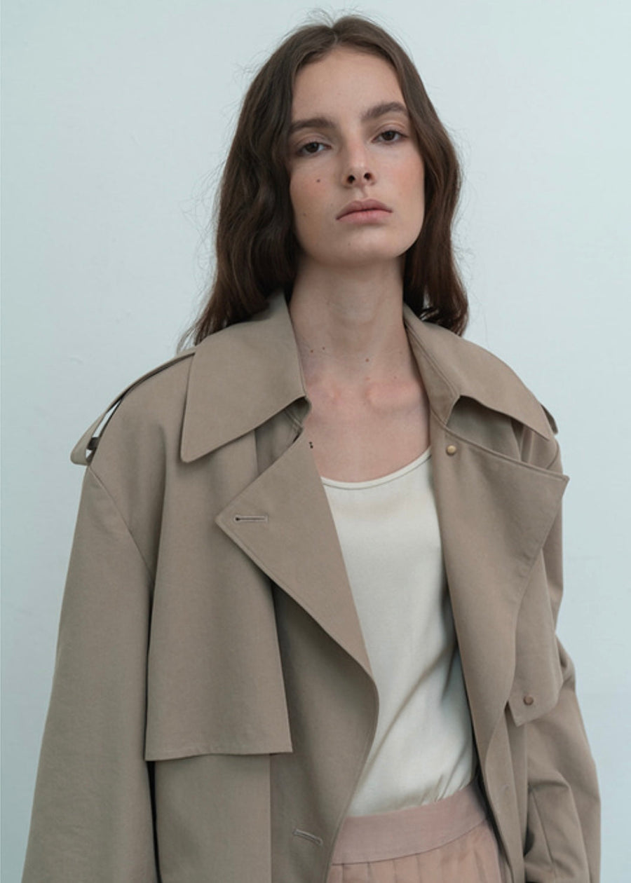 [LEHA] OVERSIZED COLLAR TRENCH COAT -DARK BEIGE