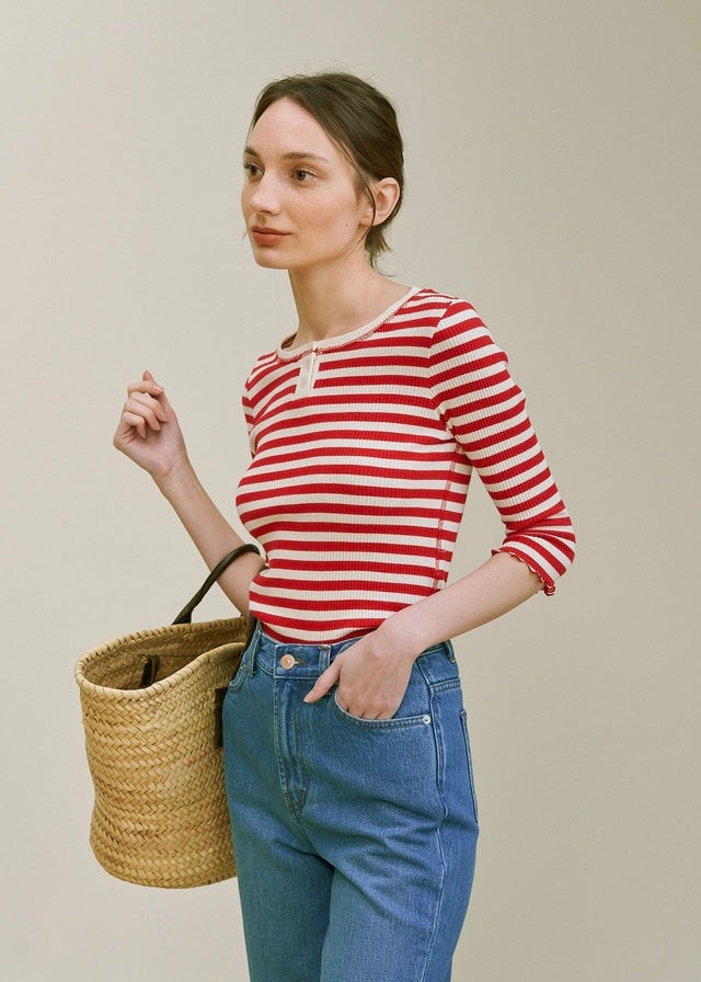 Button Ribbed Slim top  (Red stripe)