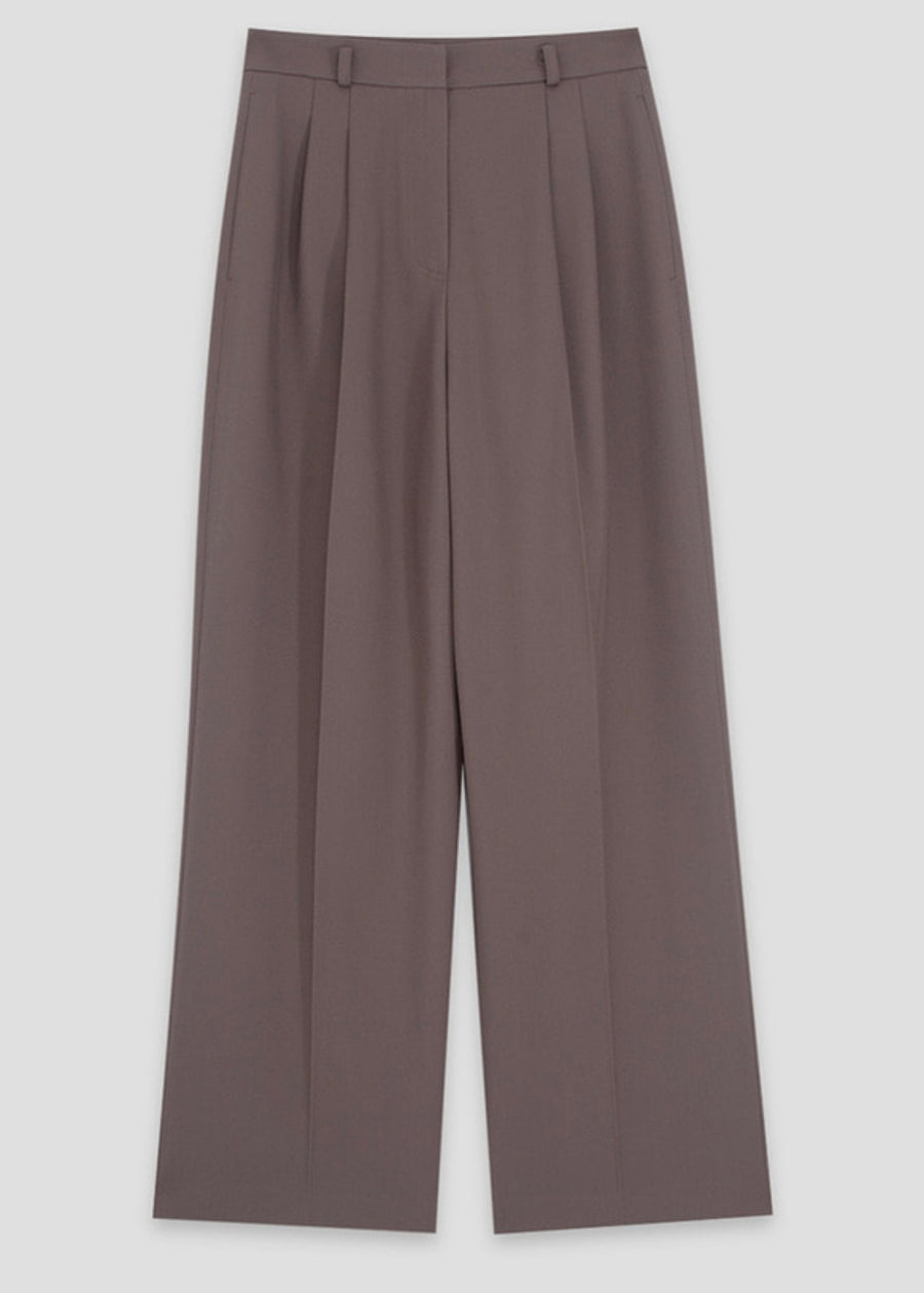 [LEHA] WOOL BLENDED PINTUCKED WIDE TROUSERS-BROWN
