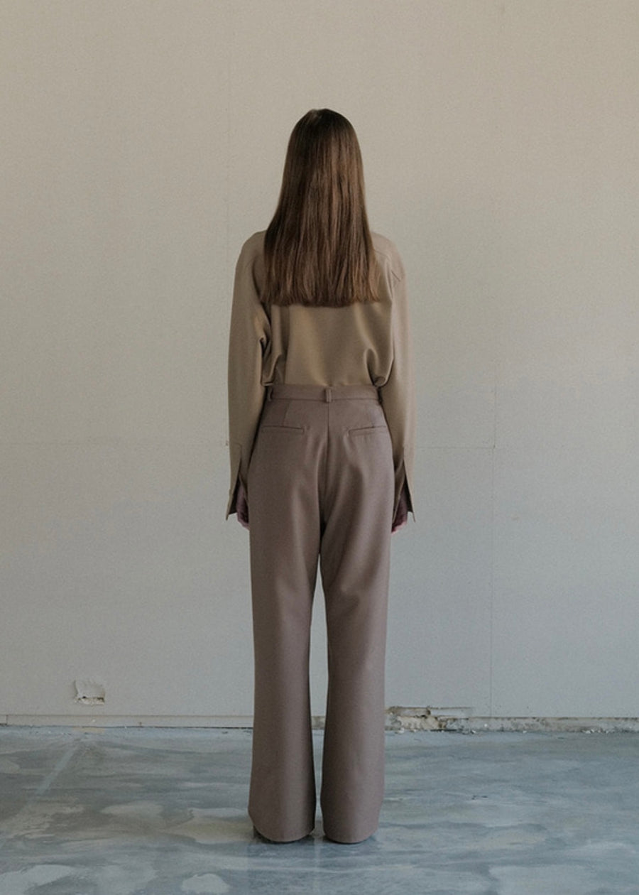 [LEHA] WOOL BLENDED PINTUCKED WIDE TROUSERS-BROWN