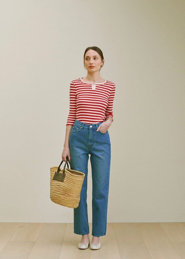Button Ribbed Slim top  (Red stripe)
