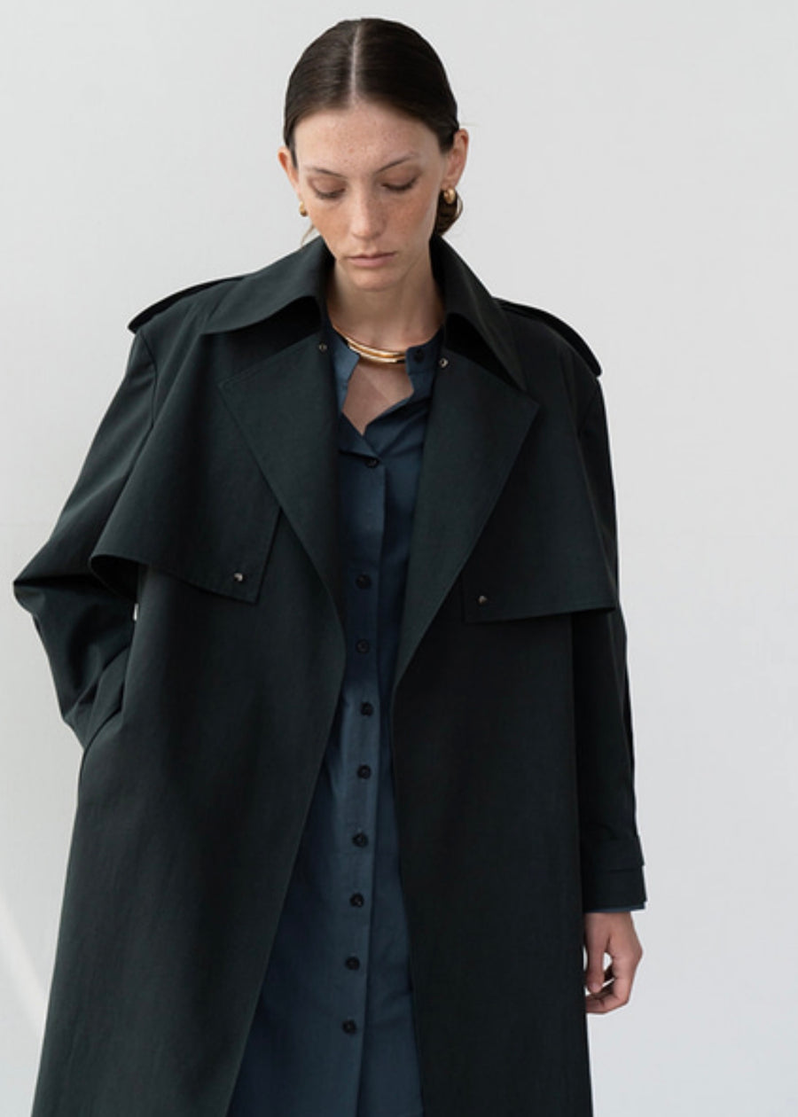 (Re-stock)Oversized collar trench coat (dark green)
