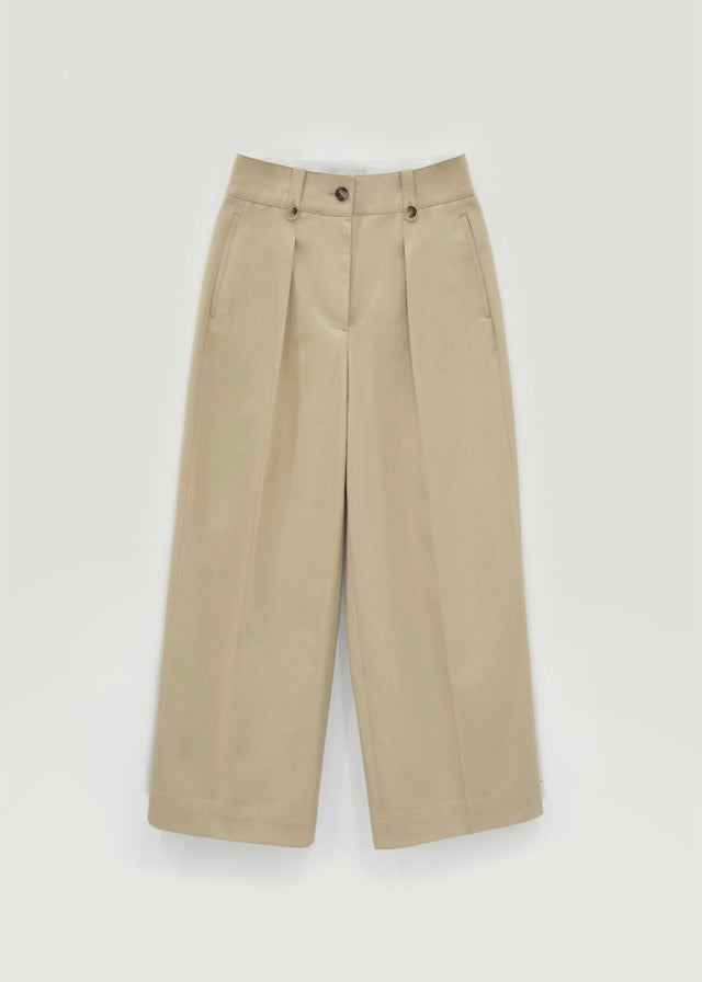 Cropped Cotton Wide Trousers (Beige)