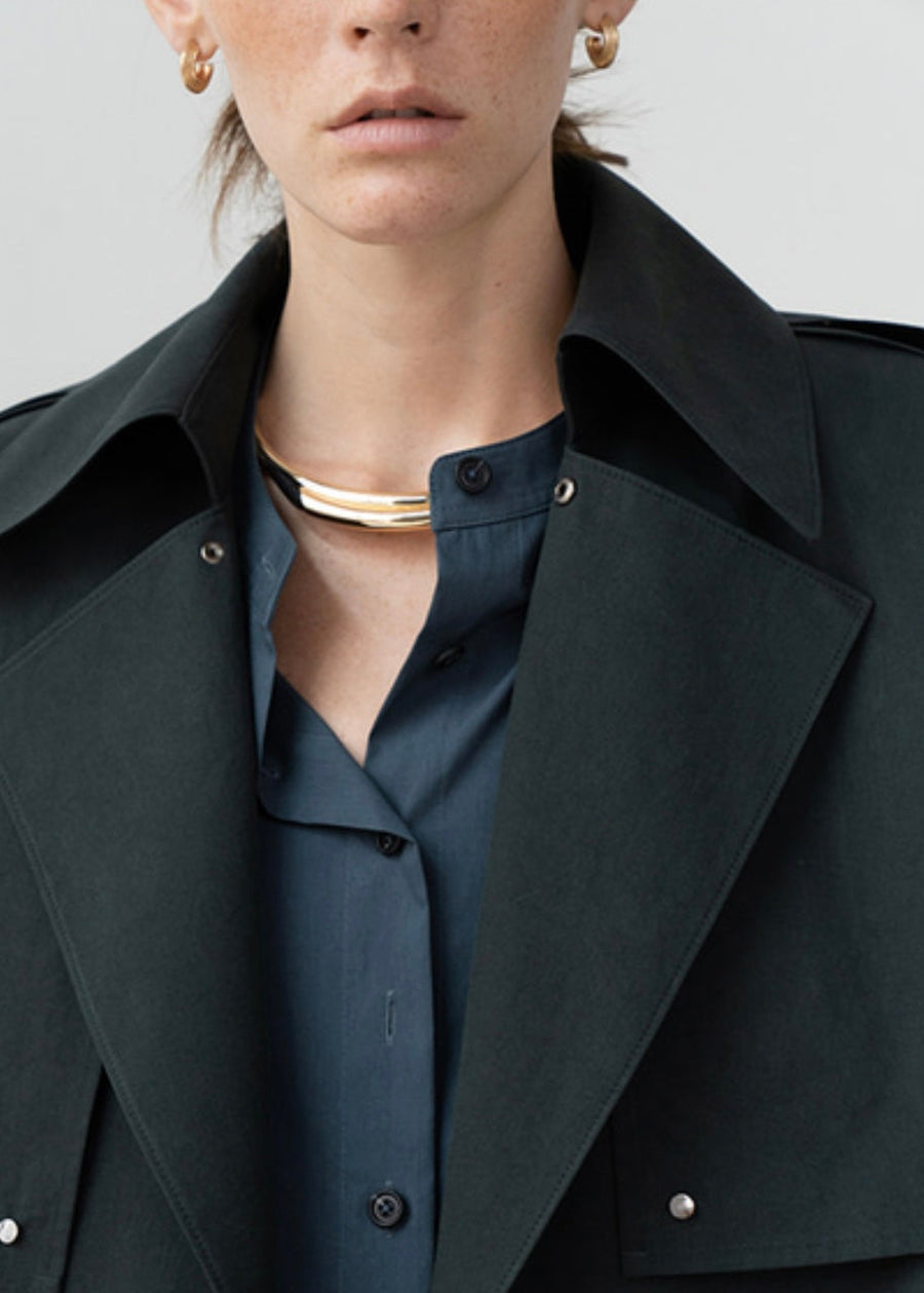 [LEHA] OVERSIZED COLLAR TRENCH COAT -DARK GREEN