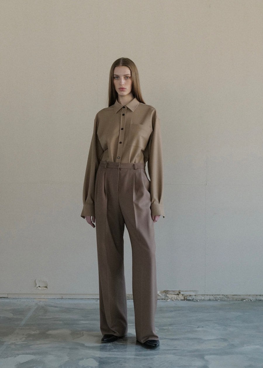 [LEHA] WOOL BLENDED PINTUCKED WIDE TROUSERS-BROWN
