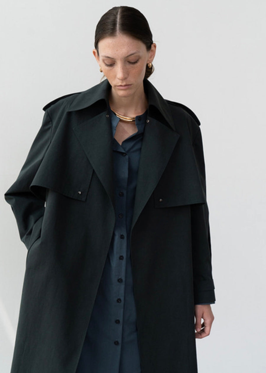 [LEHA] OVERSIZED COLLAR TRENCH COAT -DARK GREEN