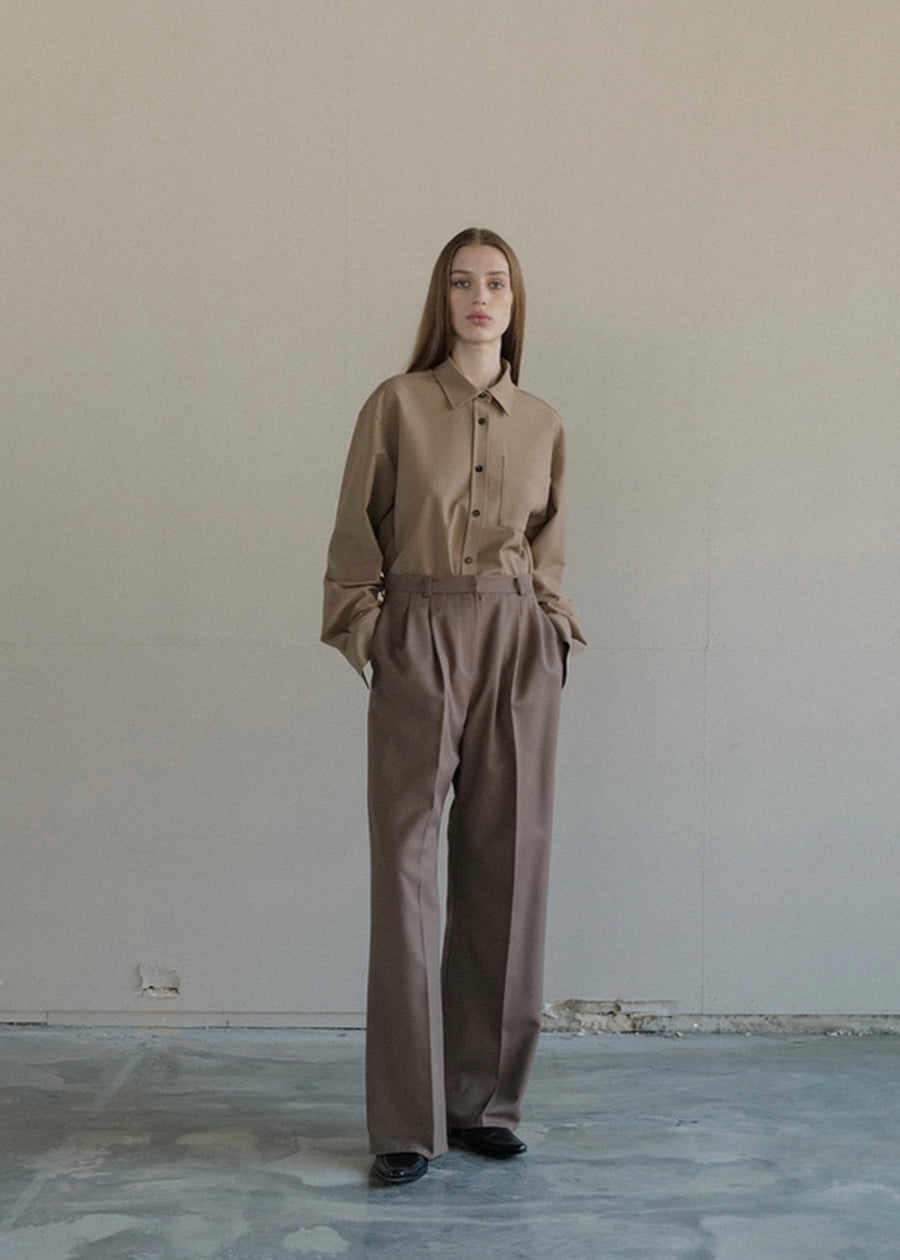 [LEHA] WOOL BLENDED PINTUCKED WIDE TROUSERS-BROWN