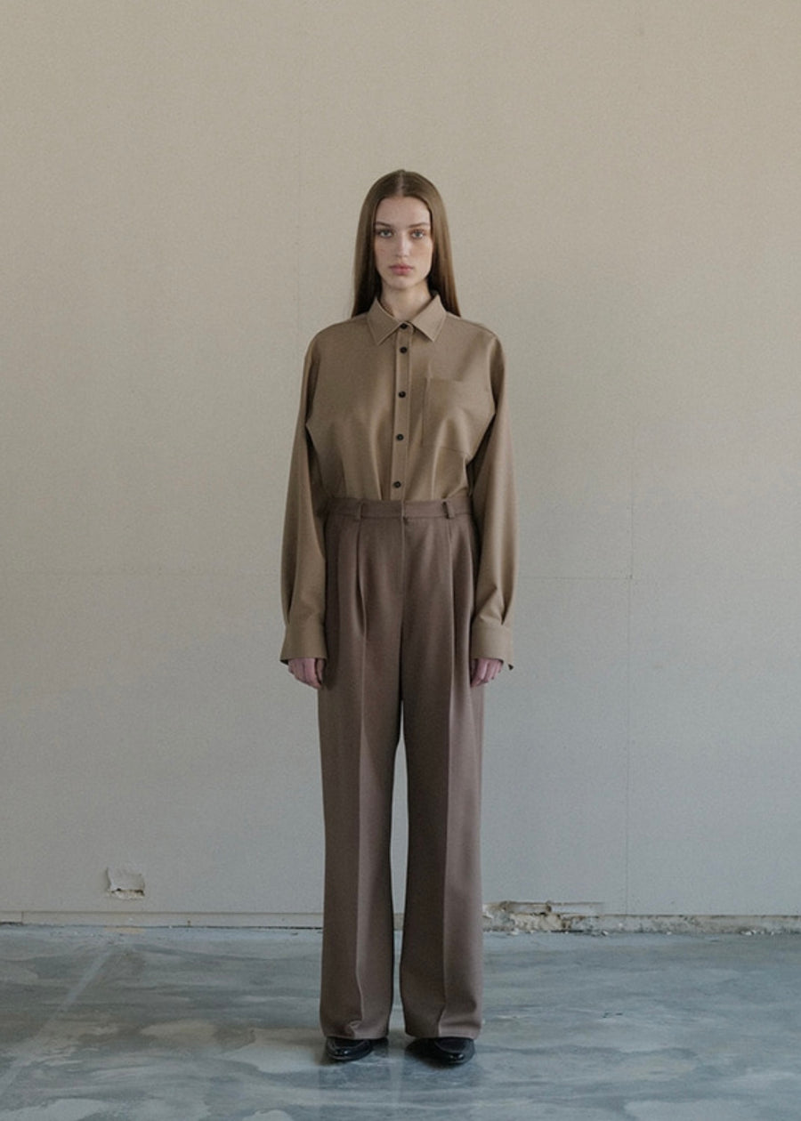 [LEHA] WOOL BLENDED PINTUCKED WIDE TROUSERS-BROWN