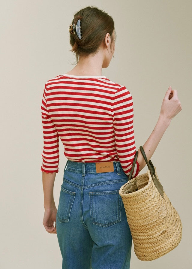 Button Ribbed Slim top  (Red stripe)