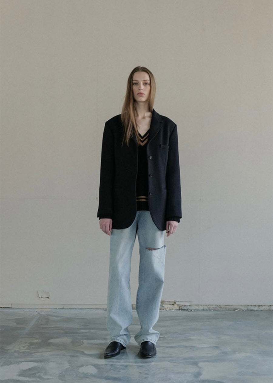 [LEHA] SINGLE BREASTED WOOL AND CASHMERE JACKET -DARK NAVY